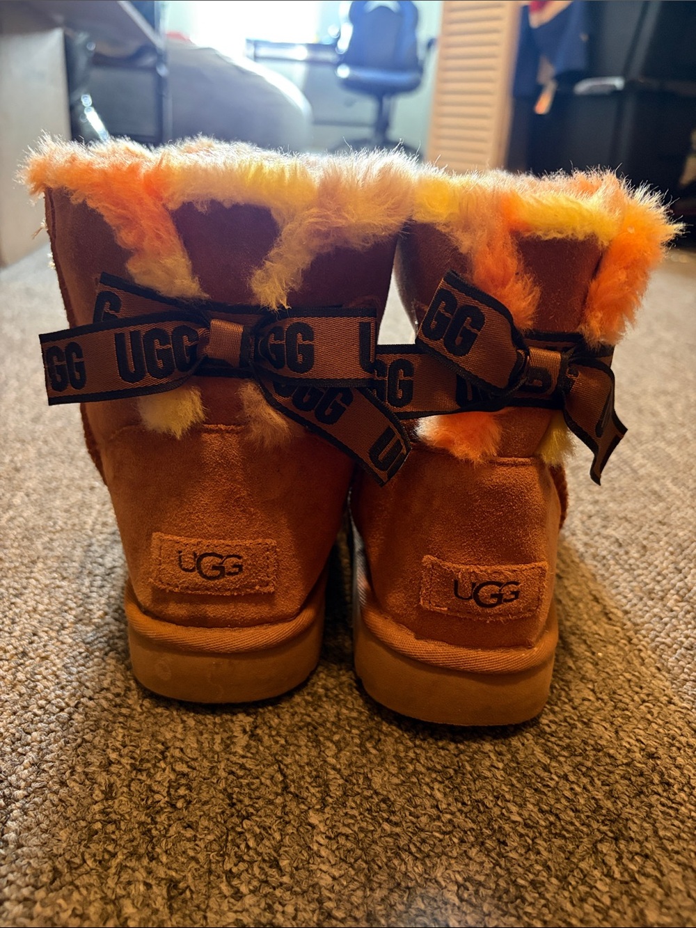 UGG Orange Suede Boot with Branded Ribbon Bow Trim